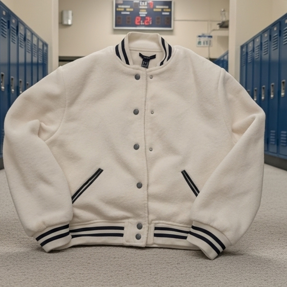 Y2K Gently Used Forever 21 Varsity White Jacket with Black Accents